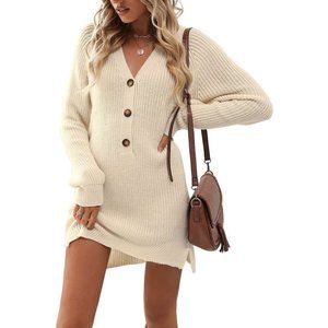 CUPSHE Women Small Casual Button Down V-Neck Sweater Dress Winter Long Sleeve